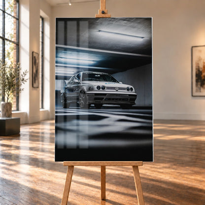 Jesses Jetta fährt frontal durch ein Parkhaus; Bewegungsunschärfe in Boden und Decke verstärkt den Eindruck von Tempo. Motiv „Road Story“ als Acrylglas-Wandbild, auf einer Holzstaffelei in einem hellen Galerieraum.