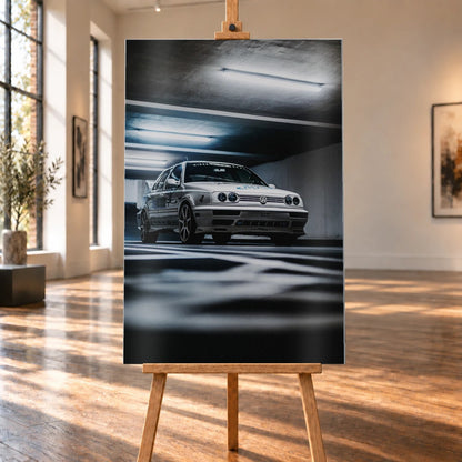 Jesses Jetta fährt frontal durch ein Parkhaus; Bewegungsunschärfe in Boden und Decke verstärkt den Eindruck von Tempo. Motiv „Road Story“ als Alu gebürstet-Wandbild, auf einer Holzstaffelei in einem hellen Galerieraum.