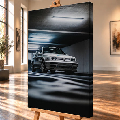 Jesses Jetta fährt frontal durch ein Parkhaus; Bewegungsunschärfe in Boden und Decke verstärkt den Eindruck von Tempo. Motiv „Road Story“ als Leinwand-Wandbild, schräg von der Seite auf einer Holzstaffelei.