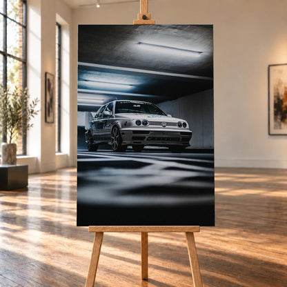 Jesses Jetta fährt frontal durch ein Parkhaus; Bewegungsunschärfe in Boden und Decke verstärkt den Eindruck von Tempo. Motiv „Road Story“ als Leinwand-Wandbild, auf einer Holzstaffelei in einem hellen Galerieraum.