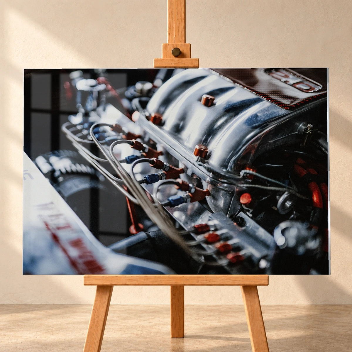 Die Motorraum-Nahaufnahme von Jesses Jetta zeigt polierte Ansaugrohre, Leitungen und rote Bauteile als dichtes technisches Muster. Motiv „Screen Moment“ als Acrylglas-Wandbild, frontal auf einer Holzstaffelei.