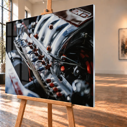 Die Motorraum-Nahaufnahme von Jesses Jetta zeigt polierte Ansaugrohre, Leitungen und rote Bauteile als dichtes technisches Muster. Motiv „Screen Moment“ als Acrylglas-Wandbild, schräg von der Seite auf einer Holzstaffelei.