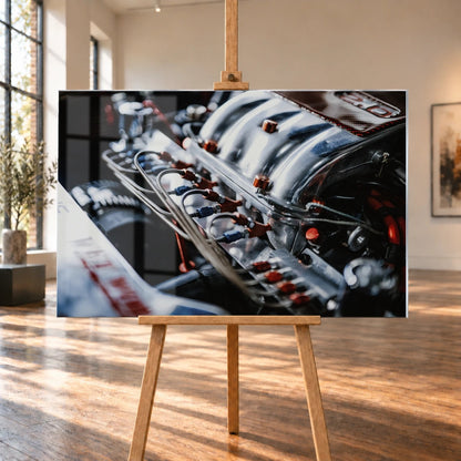 Die Motorraum-Nahaufnahme von Jesses Jetta zeigt polierte Ansaugrohre, Leitungen und rote Bauteile als dichtes technisches Muster. Motiv „Screen Moment“ als Acrylglas-Wandbild, auf einer Holzstaffelei in einem hellen Galerieraum.