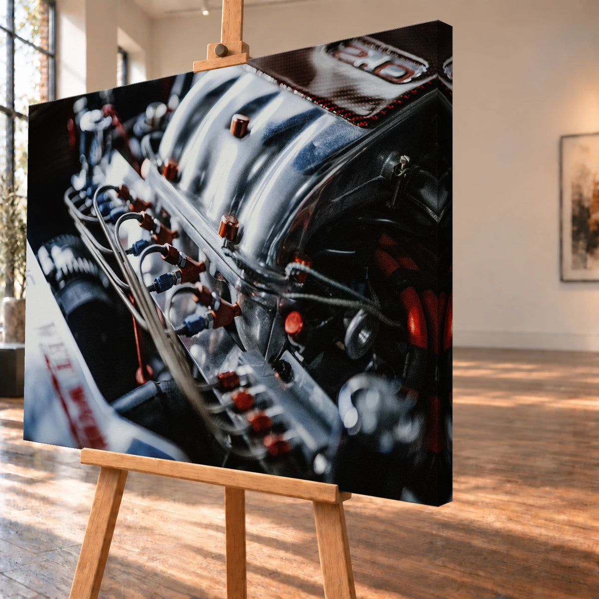 Die Motorraum-Nahaufnahme von Jesses Jetta zeigt polierte Ansaugrohre, Leitungen und rote Bauteile als dichtes technisches Muster. Motiv „Screen Moment“ als Leinwand-Wandbild, schräg von der Seite auf einer Holzstaffelei.