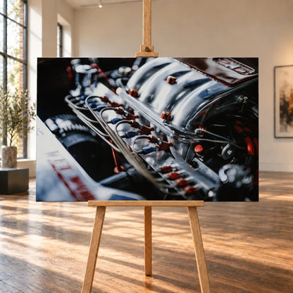 Die Motorraum-Nahaufnahme von Jesses Jetta zeigt polierte Ansaugrohre, Leitungen und rote Bauteile als dichtes technisches Muster. Motiv „Screen Moment“ als Leinwand-Wandbild, auf einer Holzstaffelei in einem hellen Galerieraum.