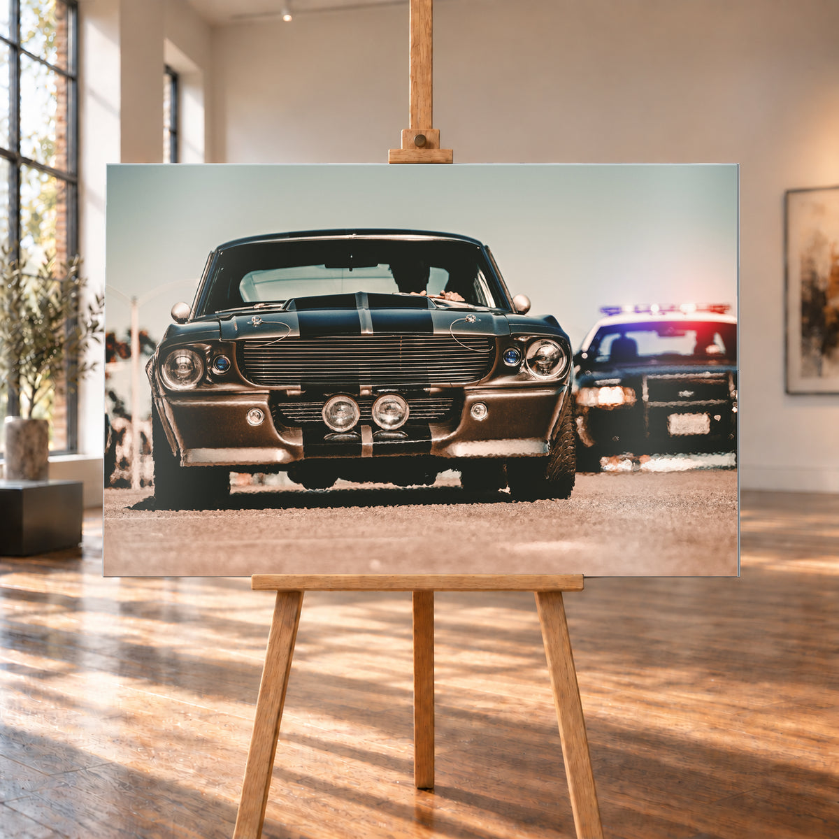 Dunkler Eleanor Ford Mustang Shelby GT500 in tiefer Frontalansicht auf heller Fahrbahn, mit dunklen Längsstreifen, Motorhaubenaufsatz, Rundscheinwerfern und zwei Zusatzleuchten. Rechts dahinter steht unscharf ein dunkles Fahrzeug mit rot-blauer Lichtleiste; Visualisierung als Alu gebürstet-Wandbild, auf einer Holzstaffelei in einem hellen Galerieraum.