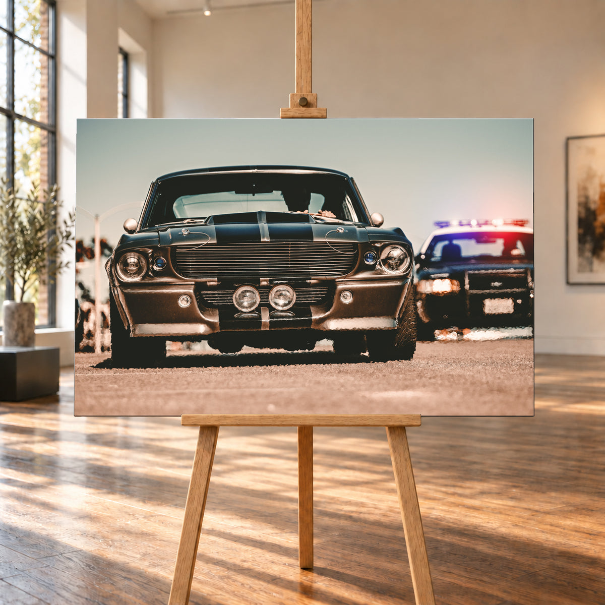 Dunkler Eleanor Ford Mustang Shelby GT500 in tiefer Frontalansicht auf heller Fahrbahn, mit dunklen Längsstreifen, Motorhaubenaufsatz, Rundscheinwerfern und zwei Zusatzleuchten. Rechts dahinter steht unscharf ein dunkles Fahrzeug mit rot-blauer Lichtleiste; Visualisierung als Leinwand-Wandbild, auf einer Holzstaffelei in einem hellen Galerieraum.
