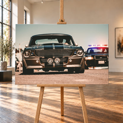 Dunkler Eleanor Ford Mustang Shelby GT500 in tiefer Frontalansicht auf heller Fahrbahn, mit dunklen Längsstreifen, Motorhaubenaufsatz, Rundscheinwerfern und zwei Zusatzleuchten. Rechts dahinter steht unscharf ein dunkles Fahrzeug mit rot-blauer Lichtleiste; Visualisierung als Leinwand-Wandbild, auf einer Holzstaffelei in einem hellen Galerieraum.