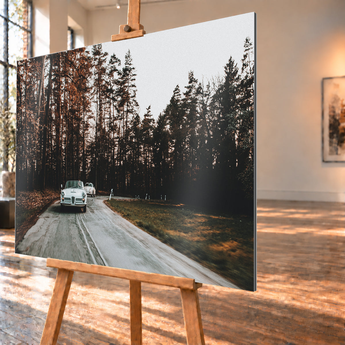 Ein heller 1959 Alfa Romeo 2000 Touring Spider fährt im Vordergrund auf einer kurvigen Waldstraße auf die Kamera zu. Dahinter folgt ein heller 1959 Porsche 356 A Reutter. Dunkle Bäume, braunes Laub, grauer Asphalt und ein heller Himmel prägen die Szene; Visualisierung als Alu gebürstet-Wandbild, schräg von der Seite auf einer Holzstaffelei.