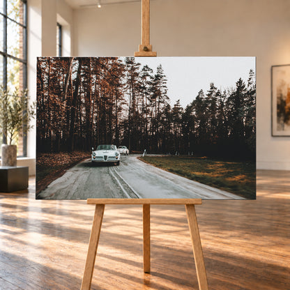 Ein heller 1959 Alfa Romeo 2000 Touring Spider fährt im Vordergrund auf einer kurvigen Waldstraße auf die Kamera zu. Dahinter folgt ein heller 1959 Porsche 356 A Reutter. Dunkle Bäume, braunes Laub, grauer Asphalt und ein heller Himmel prägen die Szene; Visualisierung als Leinwand-Wandbild, auf einer Holzstaffelei in einem hellen Galerieraum.