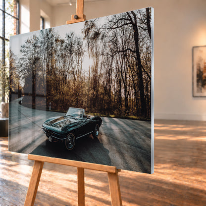 Eine dunkelgrüne 1967 Chevrolet Corvette C2 als offenes Cabriolet in Front-Dreiviertelansicht auf einer kurvigen Waldstraße. Tief stehende Sonne scheint durch kahle Bäume; Gegenlicht und Astspiegelungen liegen auf der Karosserie; Visualisierung als Acrylglas-Wandbild, schräg von der Seite auf einer Holzstaffelei.