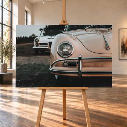 Nahaufnahme der Front eines roséfarbenen Porsche 356 A mit Rundscheinwerfer und Chromstoßfänger rechts; links dahinter steht unscharf ein heller Alfa Romeo 2000 Touring Spider auf dunklem Untergrund unter grauem Himmel; Visualisierung als Leinwand-Wandbild, auf einer Holzstaffelei in einem hellen Galerieraum.