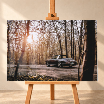 Dunkler 1967 Porsche 911 S Softwindow in seitlicher Heckansicht auf einer unbefestigten Fläche im Wald. Die offene Dachpartie und die helle Bügelzone sind sichtbar, während tiefes Sonnenlicht links durch hohe, spärlich belaubte Bäume fällt; Visualisierung als Acrylglas-Wandbild, frontal auf einer Holzstaffelei.