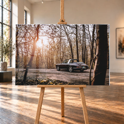 Dunkler 1967 Porsche 911 S Softwindow in seitlicher Heckansicht auf einer unbefestigten Fläche im Wald. Die offene Dachpartie und die helle Bügelzone sind sichtbar, während tiefes Sonnenlicht links durch hohe, spärlich belaubte Bäume fällt; Visualisierung als Acrylglas-Wandbild, auf einer Holzstaffelei in einem hellen Galerieraum.