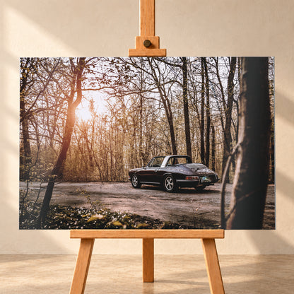 Dunkler 1967 Porsche 911 S Softwindow in seitlicher Heckansicht auf einer unbefestigten Fläche im Wald. Die offene Dachpartie und die helle Bügelzone sind sichtbar, während tiefes Sonnenlicht links durch hohe, spärlich belaubte Bäume fällt; Visualisierung als Alu gebürstet-Wandbild, frontal auf einer Holzstaffelei.