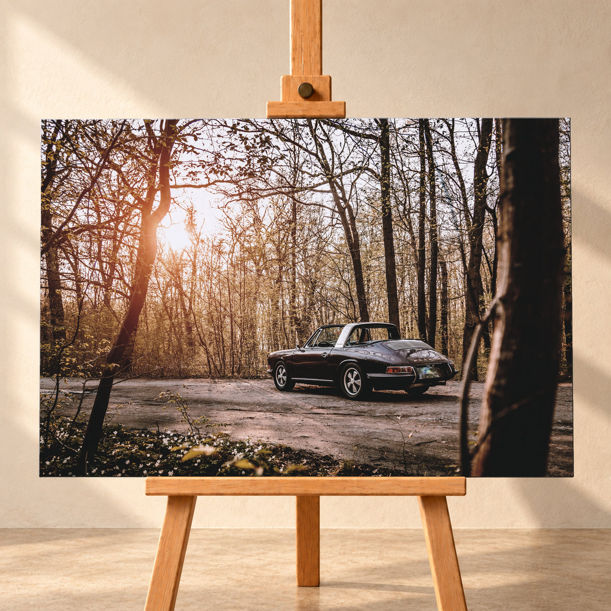 Dunkler 1967 Porsche 911 S Softwindow in seitlicher Heckansicht auf einer unbefestigten Fläche im Wald. Die offene Dachpartie und die helle Bügelzone sind sichtbar, während tiefes Sonnenlicht links durch hohe, spärlich belaubte Bäume fällt; Visualisierung als Leinwand-Wandbild, frontal auf einer Holzstaffelei.