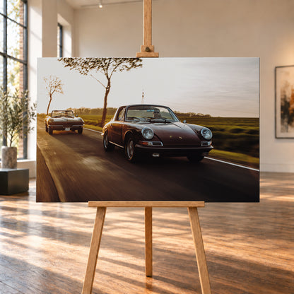 Ein dunkelrot wirkender Porsche 911 S Softwindow fährt rechts im Vordergrund, dahinter links eine dunkle Chevrolet Corvette C2; beide mit offenem Dach und sichtbaren Fahrern auf einer Landstraße bei tiefem, warmem Gegenlicht; Visualisierung als Leinwand-Wandbild, auf einer Holzstaffelei in einem hellen Galerieraum.