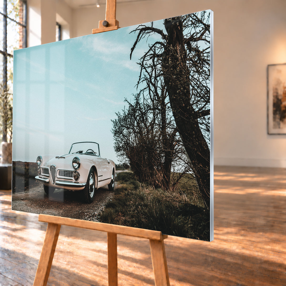 Heller Alfa Romeo 2000 Touring Spider in tiefer Front-Dreiviertelansicht auf einem schmalen Weg neben einem großen knorrigen Baum unter bläulichem, bewölktem Himmel; Visualisierung als Acrylglas-Wandbild, schräg von der Seite auf einer Holzstaffelei.
