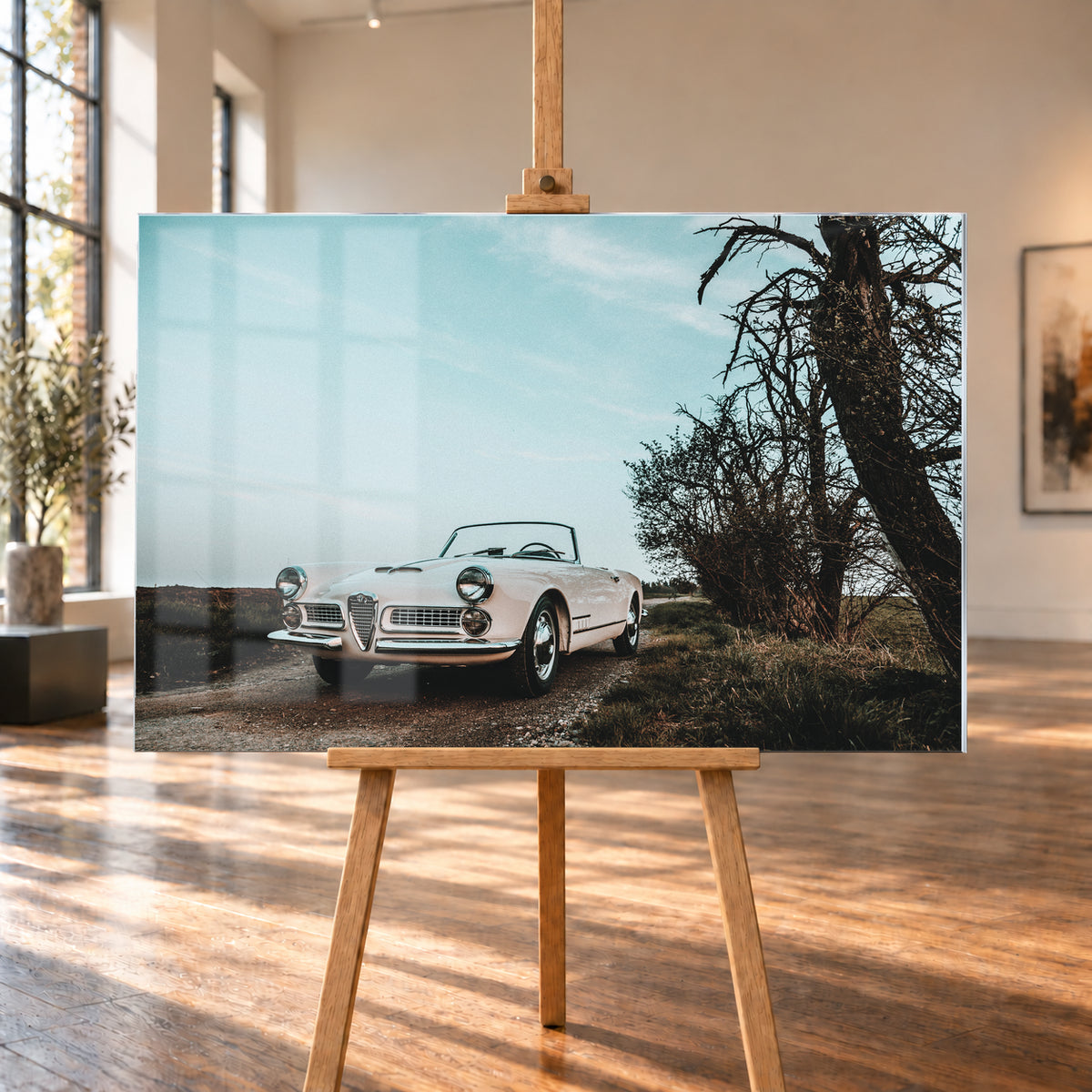 Heller Alfa Romeo 2000 Touring Spider in tiefer Front-Dreiviertelansicht auf einem schmalen Weg neben einem großen knorrigen Baum unter bläulichem, bewölktem Himmel; Visualisierung als Acrylglas-Wandbild, auf einer Holzstaffelei in einem hellen Galerieraum.
