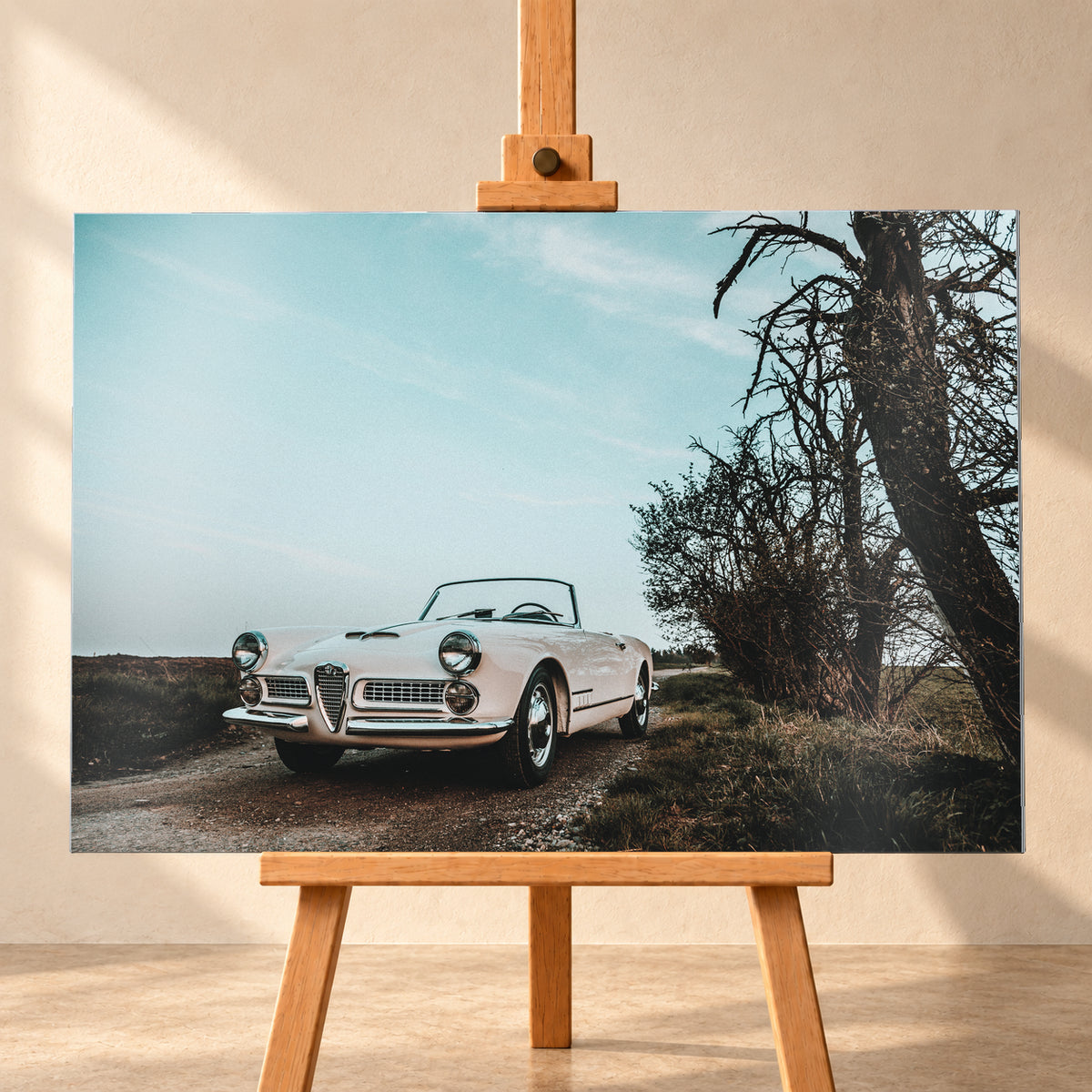 Heller Alfa Romeo 2000 Touring Spider in tiefer Front-Dreiviertelansicht auf einem schmalen Weg neben einem großen knorrigen Baum unter bläulichem, bewölktem Himmel; Visualisierung als Alu gebürstet-Wandbild, frontal auf einer Holzstaffelei.