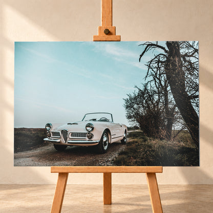 Heller Alfa Romeo 2000 Touring Spider in tiefer Front-Dreiviertelansicht auf einem schmalen Weg neben einem großen knorrigen Baum unter bläulichem, bewölktem Himmel; Visualisierung als Alu gebürstet-Wandbild, frontal auf einer Holzstaffelei.