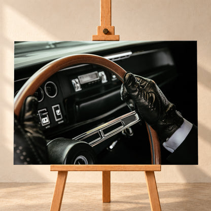 Nahaufnahme eines dunklen Fahrzeugcockpits: Eine Hand in schwarzem, perforiertem Handschuh greift ein braunes, holzfarbenes Lenkrad. Rundinstrumente, Radio und Armaturenbrett liegen unscharf im Hintergrund; seitliches Licht hebt Handschuh, Lenkradkranz und metallisch glänzende Speiche hervor; Visualisierung als Leinwand-Wandbild, frontal auf einer Holzstaffelei.