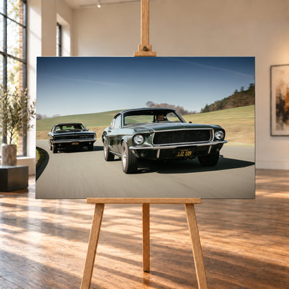 Dynamische Fahraufnahme zweier klassischer Coupés auf einer kurvigen Landstraße. Im Vordergrund fährt ein dunkelgrünes Coupé in Front-Dreiviertelansicht; links dahinter folgt der dunkle Bullitt Charger. Grüne Hügel, Bäume und blauer Himmel rahmen die helle Szene, während verwischte Straße und Umgebung Bewegung vermitteln; Visualisierung als Leinwand-Wandbild, auf einer Holzstaffelei in einem hellen Galerieraum.