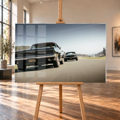 Schwarzer Dodge Charger R/T aus tiefer Frontperspektive auf einer Landstraße; dahinter folgt ein zweites dunkles klassisches Coupé. Heller Himmel, Felder und Bäume umgeben die Straße bei Tageslicht; Visualisierung als Acrylglas-Wandbild, auf einer Holzstaffelei in einem hellen Galerieraum.