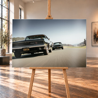 Schwarzer Dodge Charger R/T aus tiefer Frontperspektive auf einer Landstraße; dahinter folgt ein zweites dunkles klassisches Coupé. Heller Himmel, Felder und Bäume umgeben die Straße bei Tageslicht; Visualisierung als Alu gebürstet-Wandbild, auf einer Holzstaffelei in einem hellen Galerieraum.