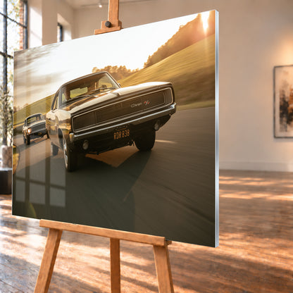 Dunkel erscheinender Dodge Charger R/T aus tiefer Frontperspektive auf einer kurvigen Landstraße; dahinter folgt ein weiteres dunkles Coupé. Goldenes Gegenlicht, grüne Hügel und starke Bewegungsunschärfe prägen die Fahrszene; Visualisierung als Acrylglas-Wandbild, schräg von der Seite auf einer Holzstaffelei.