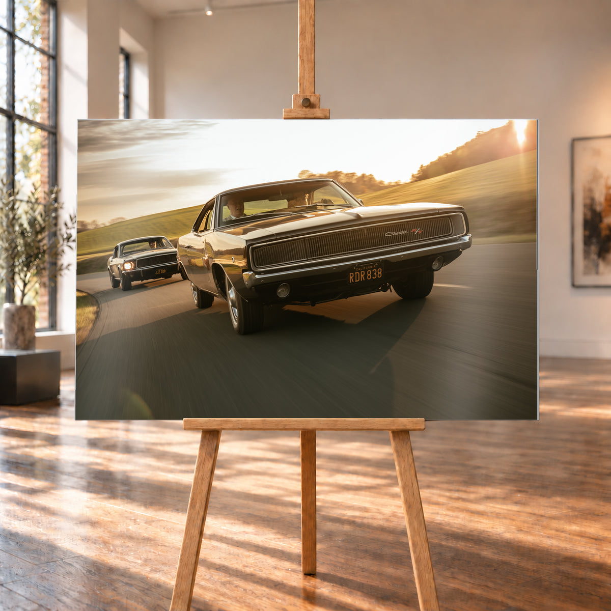 Dunkel erscheinender Dodge Charger R/T aus tiefer Frontperspektive auf einer kurvigen Landstraße; dahinter folgt ein weiteres dunkles Coupé. Goldenes Gegenlicht, grüne Hügel und starke Bewegungsunschärfe prägen die Fahrszene; Visualisierung als Alu gebürstet-Wandbild, auf einer Holzstaffelei in einem hellen Galerieraum.