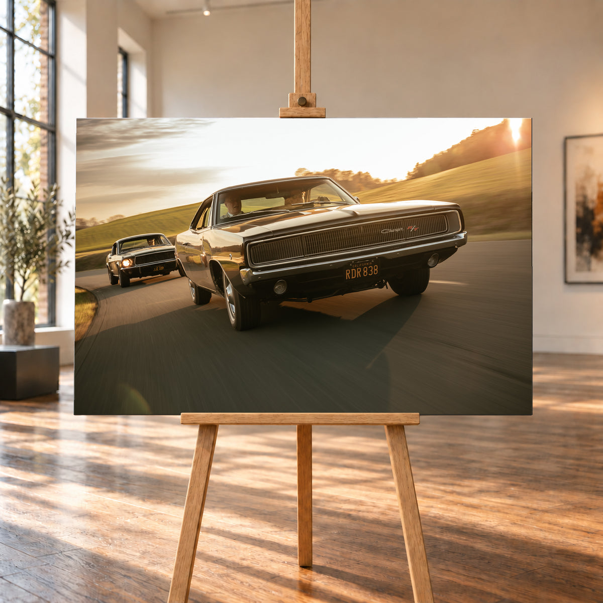 Dunkel erscheinender Dodge Charger R/T aus tiefer Frontperspektive auf einer kurvigen Landstraße; dahinter folgt ein weiteres dunkles Coupé. Goldenes Gegenlicht, grüne Hügel und starke Bewegungsunschärfe prägen die Fahrszene; Visualisierung als Leinwand-Wandbild, auf einer Holzstaffelei in einem hellen Galerieraum.