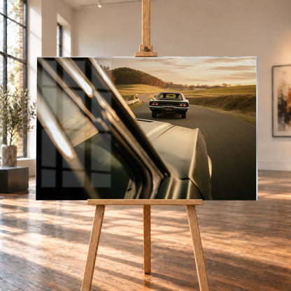 Dunkler Dodge Charger 440 R/T von hinten auf einer kurvigen Landstraße im goldenen Abendlicht, fotografiert aus einem zweiten fahrenden Auto; rote Rückleuchten, Wiesen und Bewegungsunschärfe; Visualisierung als Acrylglas-Wandbild, auf einer Holzstaffelei in einem hellen Galerieraum.