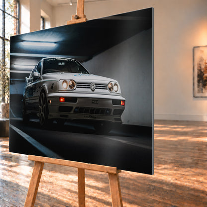 Hellsilberner Volkswagen Jetta mit eingeschalteten Scheinwerfern, grafischen Beklebungen und Nummer 4 in niedriger Front-Dreiviertelansicht auf einer Rampe in einer dunkel und blau beleuchteten Parkgarage; Visualisierung als Alu gebürstet-Wandbild, schräg von der Seite auf einer Holzstaffelei.
