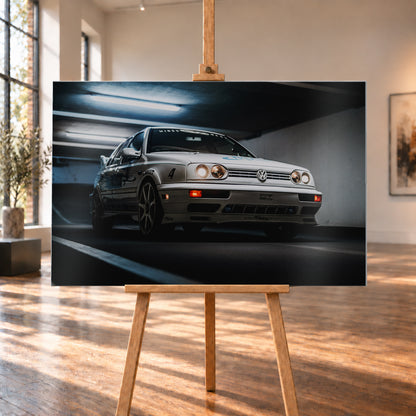 Hellsilberner Volkswagen Jetta mit eingeschalteten Scheinwerfern, grafischen Beklebungen und Nummer 4 in niedriger Front-Dreiviertelansicht auf einer Rampe in einer dunkel und blau beleuchteten Parkgarage; Visualisierung als Alu gebürstet-Wandbild, auf einer Holzstaffelei in einem hellen Galerieraum.