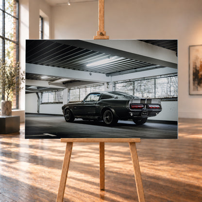 Dunkelgraue Eleanor mit hellen Doppelstreifen in tiefer Heck-Dreiviertelansicht auf einer leeren Parkebene mit weißen Trägern, großen Fenstern und kühlem Deckenlicht; Visualisierung als Alu gebürstet-Wandbild, auf einer Holzstaffelei in einem hellen Galerieraum.