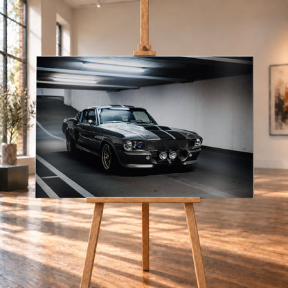Eleanor mit dunkler Karosserie in frontaler Dreiviertelansicht in einer Beton-Parkgarage; sichtbar sind Längsstreifen, Rundscheinwerfer, zwei zentrale Zusatzleuchten, Fahrbahnmarkierungen und helle Deckenröhren; Visualisierung als Alu gebürstet-Wandbild, auf einer Holzstaffelei in einem hellen Galerieraum.