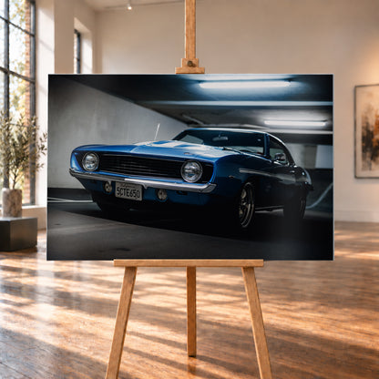 Blauer Yenko Camaro in tiefer Front-Dreiviertelansicht in einer dunklen Parkgarage; sichtbar sind runde Scheinwerfer, schwarzer Kühlergrill, Chromstoßstange, helle Streifen und leuchtende Deckenröhren; Visualisierung als Alu gebürstet-Wandbild, auf einer Holzstaffelei in einem hellen Galerieraum.