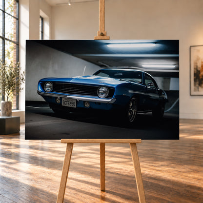 Blauer Yenko Camaro in tiefer Front-Dreiviertelansicht in einer dunklen Parkgarage; sichtbar sind runde Scheinwerfer, schwarzer Kühlergrill, Chromstoßstange, helle Streifen und leuchtende Deckenröhren; Visualisierung als Leinwand-Wandbild, auf einer Holzstaffelei in einem hellen Galerieraum.