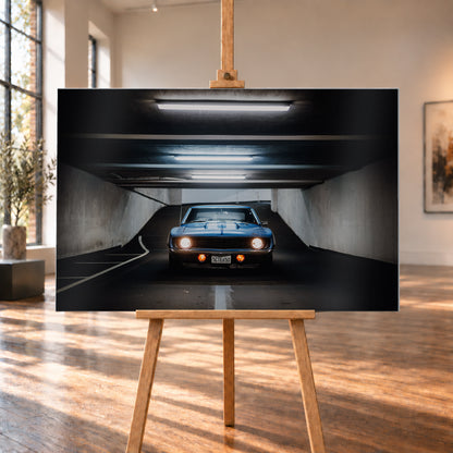 Frontansicht eines blauen Chevrolet Camaro in einer Beton-Tiefgarage, mittig auf dunkler Fahrbahn unter hellen Deckenröhren, mit leuchtenden runden Scheinwerfern, orangefarbenen Zusatzleuchten und weißen Fahrbahnmarkierungen; Visualisierung als Alu gebürstet-Wandbild, auf einer Holzstaffelei in einem hellen Galerieraum.