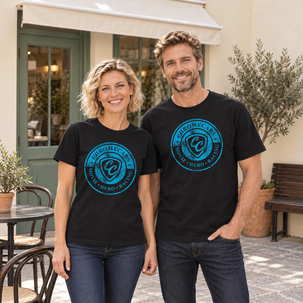 Zwei Personen stehen lächelnd nebeneinander im Café-Innenhof, beide in schwarzen T-Shirts mit blauem ChromeCars-Logo vorne; der Mann hat eine Hand in der Hosentasche.