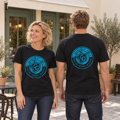 Zwei Personen in schwarzen T-Shirts stehen im Café-Innenhof; die Frau blickt lächelnd seitlich, der Mann zeigt den Rücken. Blaue ChromeCars-Logos vorne bei ihr und hinten bei ihm.