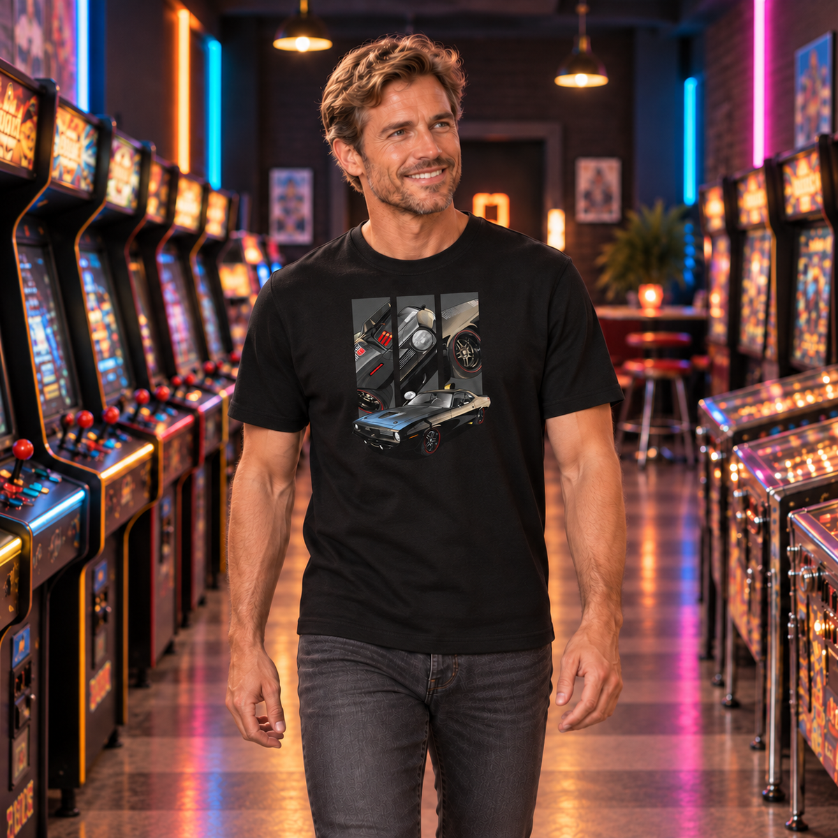 Mann von vorn im schwarzen T-Shirt mit Cuda-FF-Motiv auf der Vorderseite, zwischen beleuchteten Arcade-Automaten in einer Spielhalle.