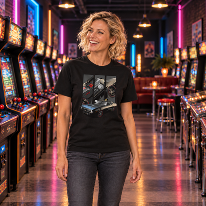 Frau von vorn im schwarzen T-Shirt mit Cuda-FF-Motiv auf der Vorderseite, zwischen beleuchteten Arcade-Automaten in einer Spielhalle.