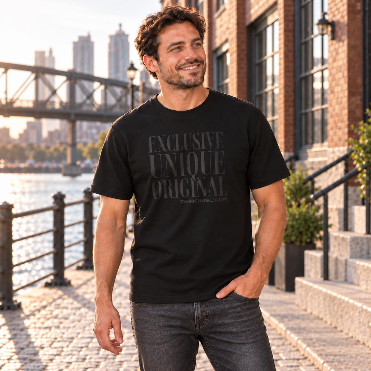 Ein Mann steht mit einer Hand in der Hosentasche am Fluss vor Backsteinspeichern; schwarzes T-Shirt mit schwarzem Schriftmotiv vorne.