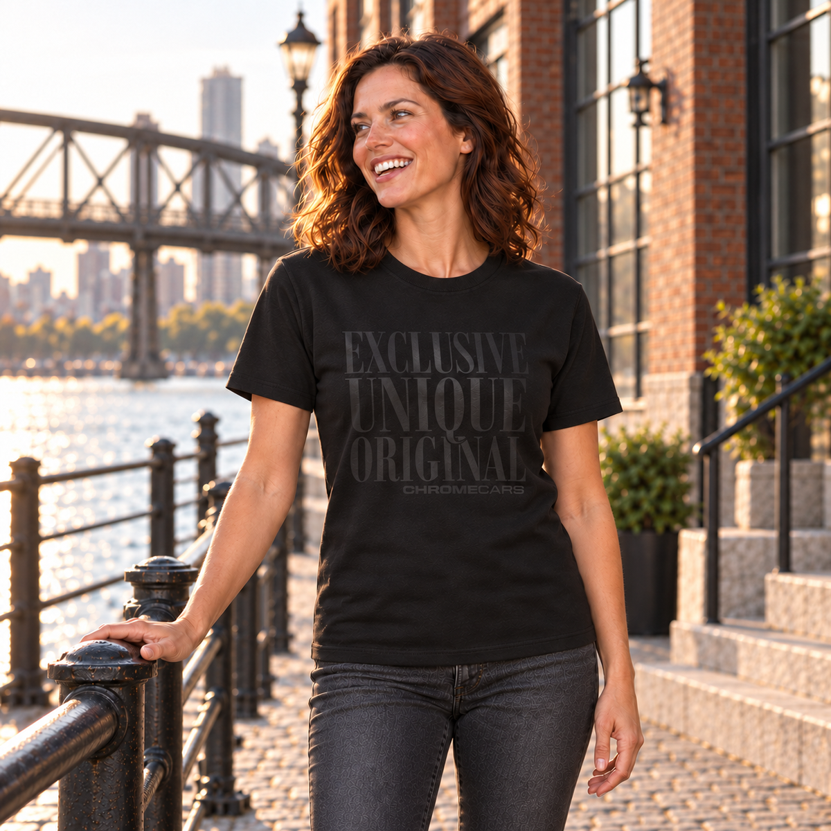 Eine Frau legt eine Hand auf das Ufergeländer und blickt seitlich; schwarzes T-Shirt mit schwarzem Schriftmotiv vorne, Backsteinspeicher am Fluss.