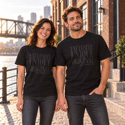 Zwei Personen stehen nebeneinander am Fluss vor Backsteinspeichern, der Mann mit einer Hand in der Hosentasche; beide tragen schwarze T-Shirts mit schwarzem Schriftmotiv vorne.