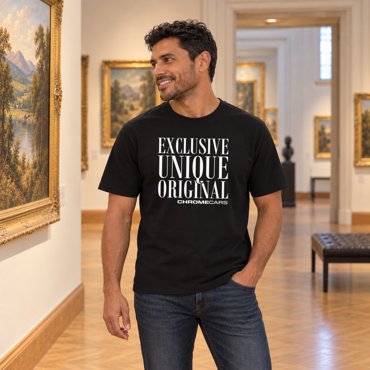 Ein Mann steht mit einer Hand in der Hosentasche in einer Bildergalerie und blickt seitlich; schwarzes T-Shirt mit weißem Schriftmotiv vorne.