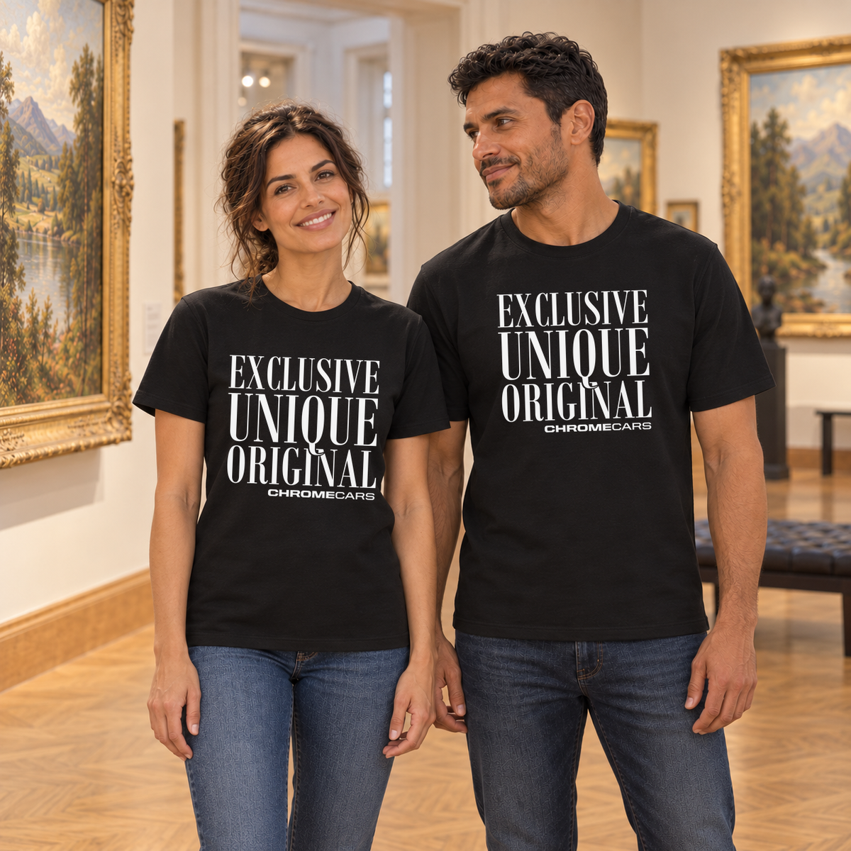 Zwei Personen stehen nebeneinander in einer Bildergalerie, der Mann blickt zur Frau; beide tragen schwarze T-Shirts mit weißem Schriftmotiv vorne.
