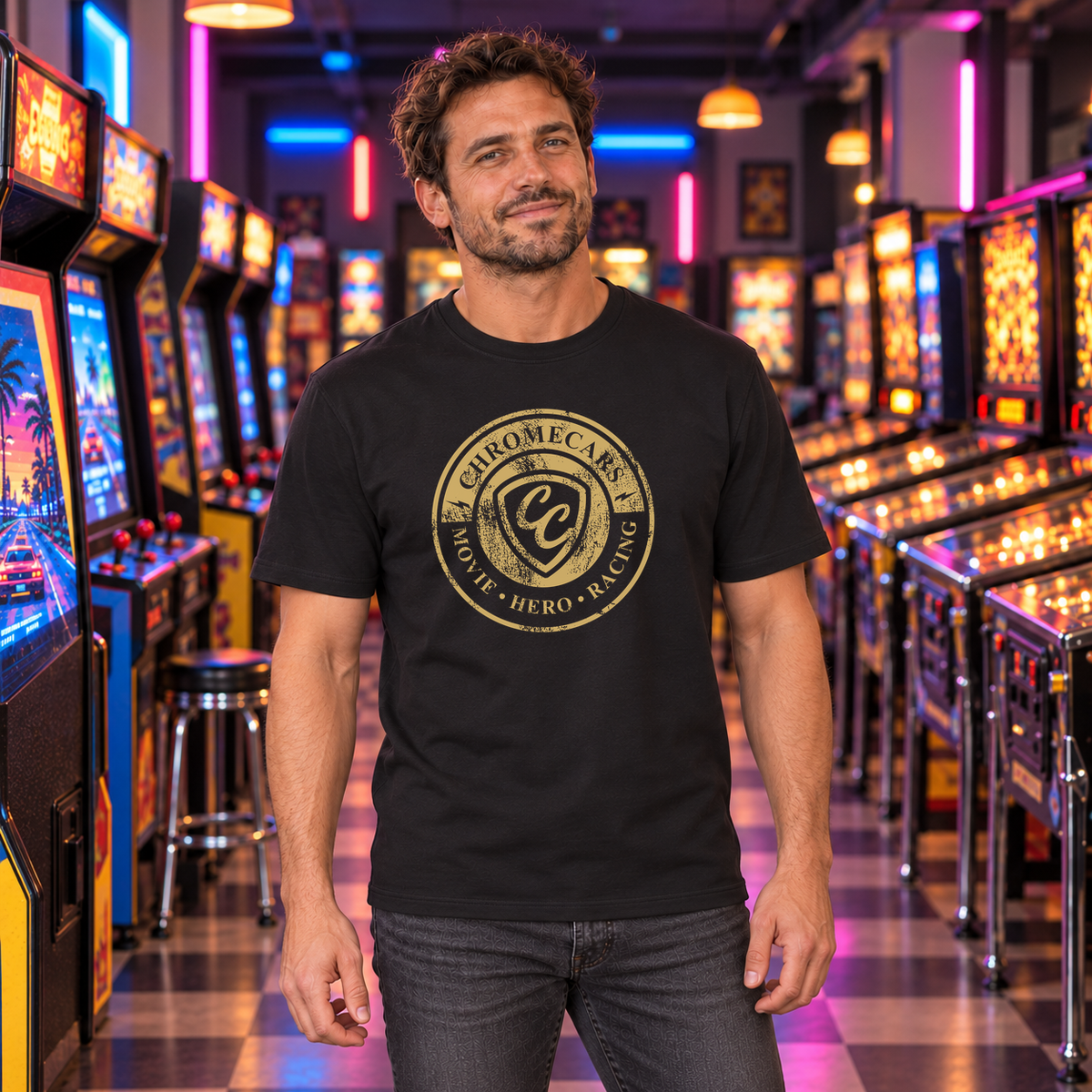 Ein Mann steht frontal mit gesenkten Armen in der Retro-Spielhalle zwischen Automaten und Flippern; schwarzes T-Shirt mit goldfarbenem ChromeCars-Logo vorne.